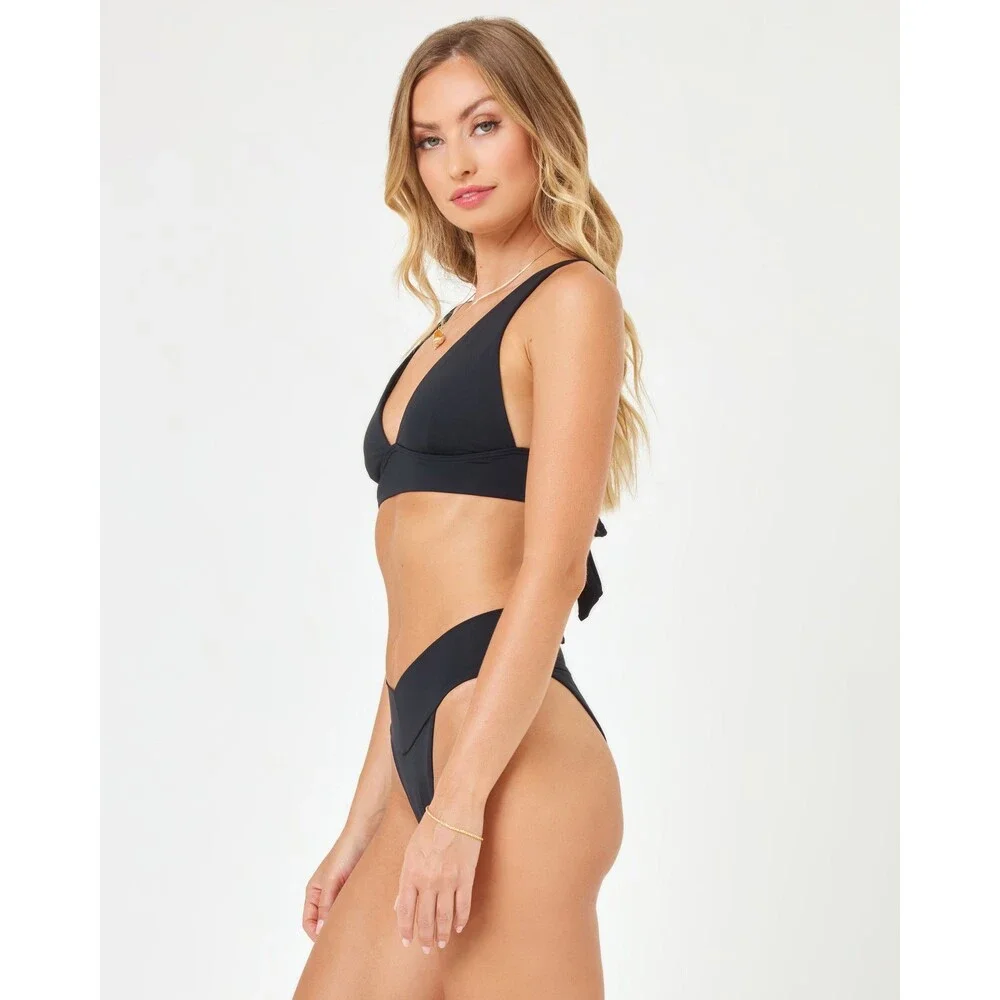 L*Space Quinn Bikini Bottom Womens Medium Black Stretch V Front Swimwear GBO2760